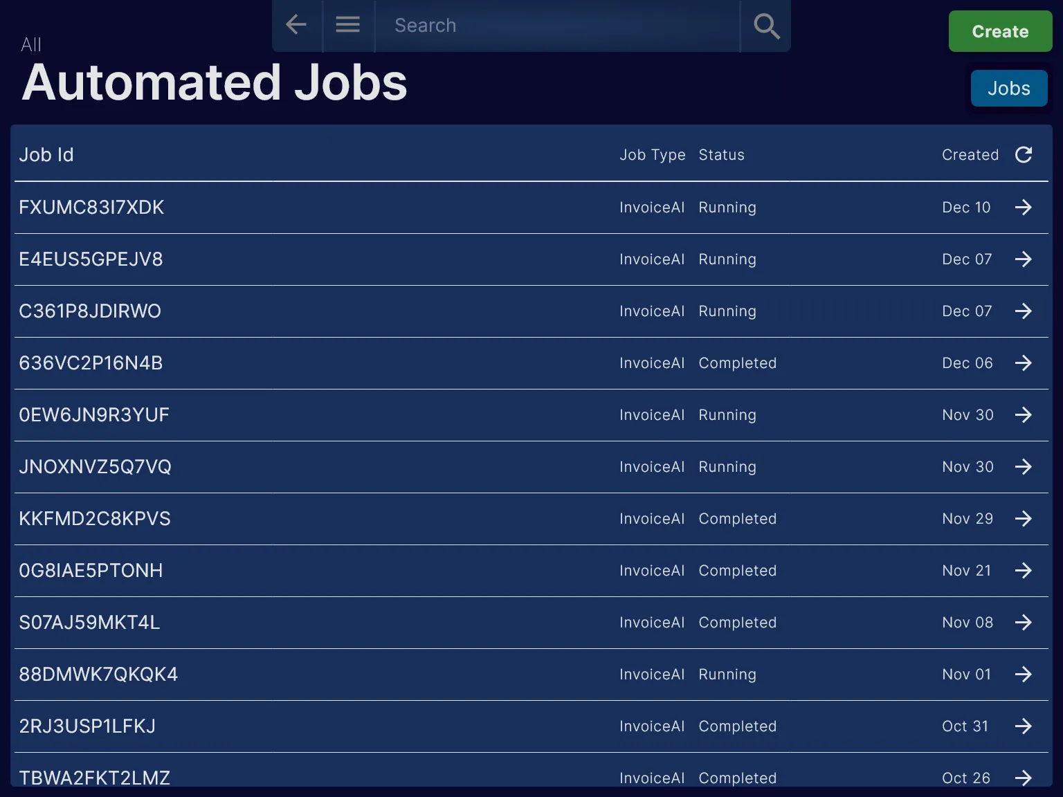 Automated Jobs screen